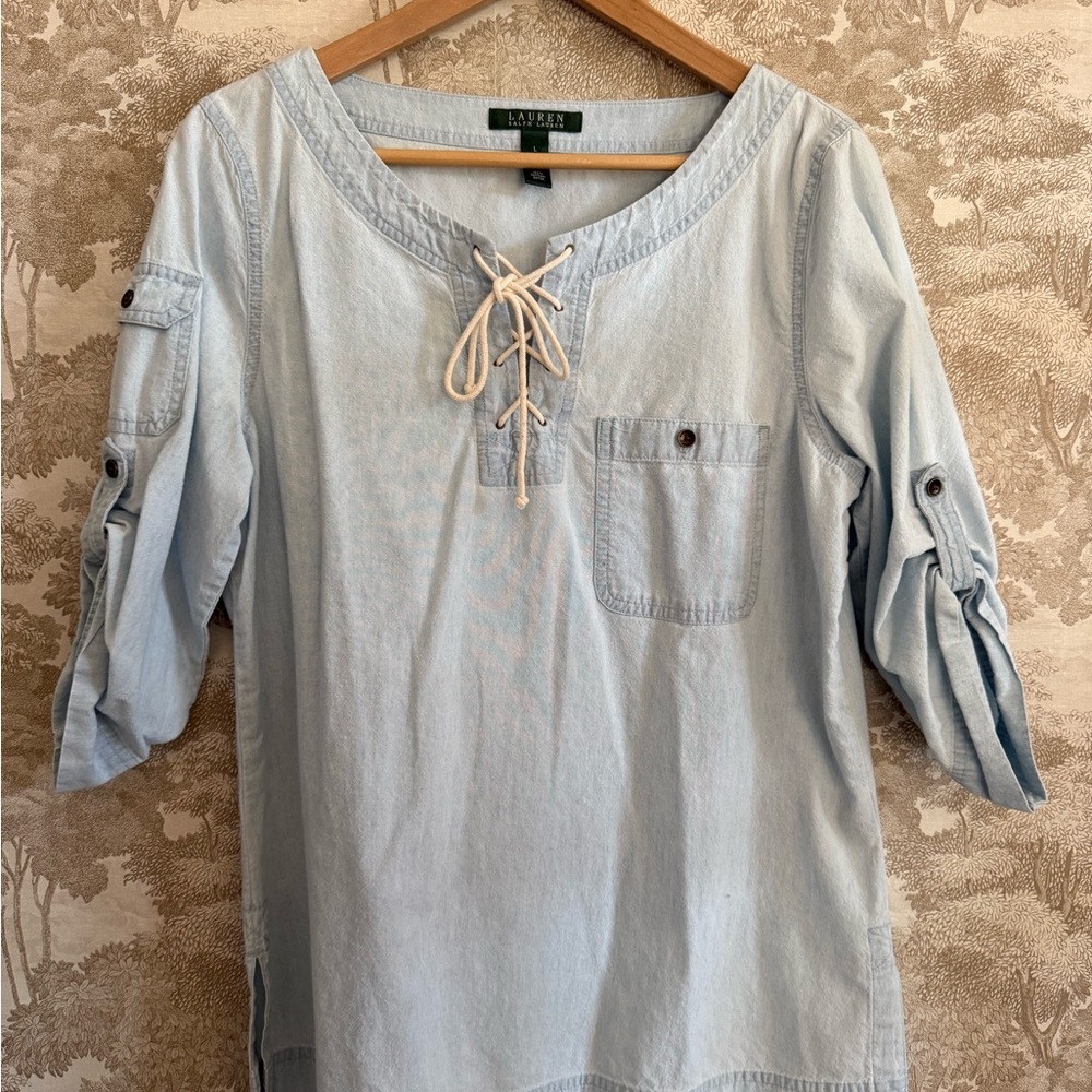 Ralph Lauren Light Blue Lace-Up 100% Cotton Shirt